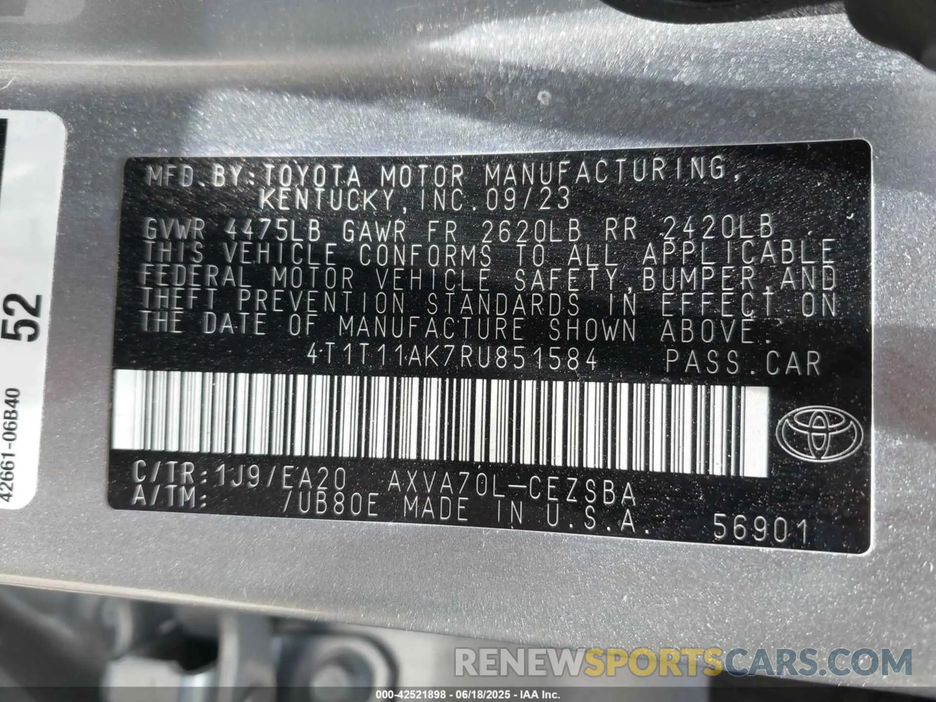 9 Photograph of a damaged car 4T1T11AK7RU851584 TOYOTA CAMRY 2024