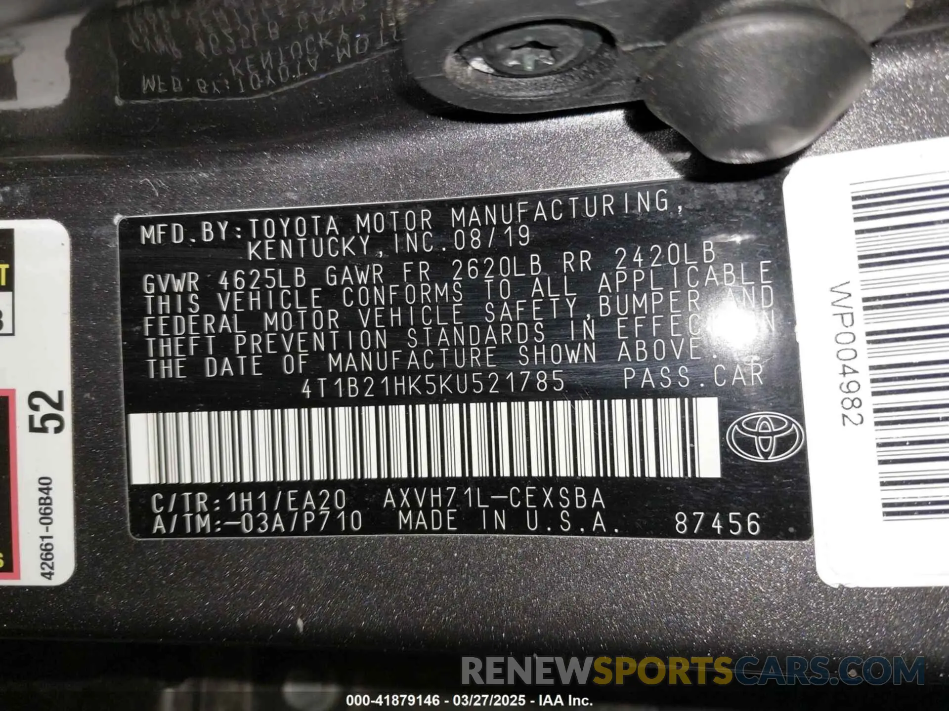 9 Photograph of a damaged car 4T1B21HK5KU521785 TOYOTA CAMRY HYBRID 2019