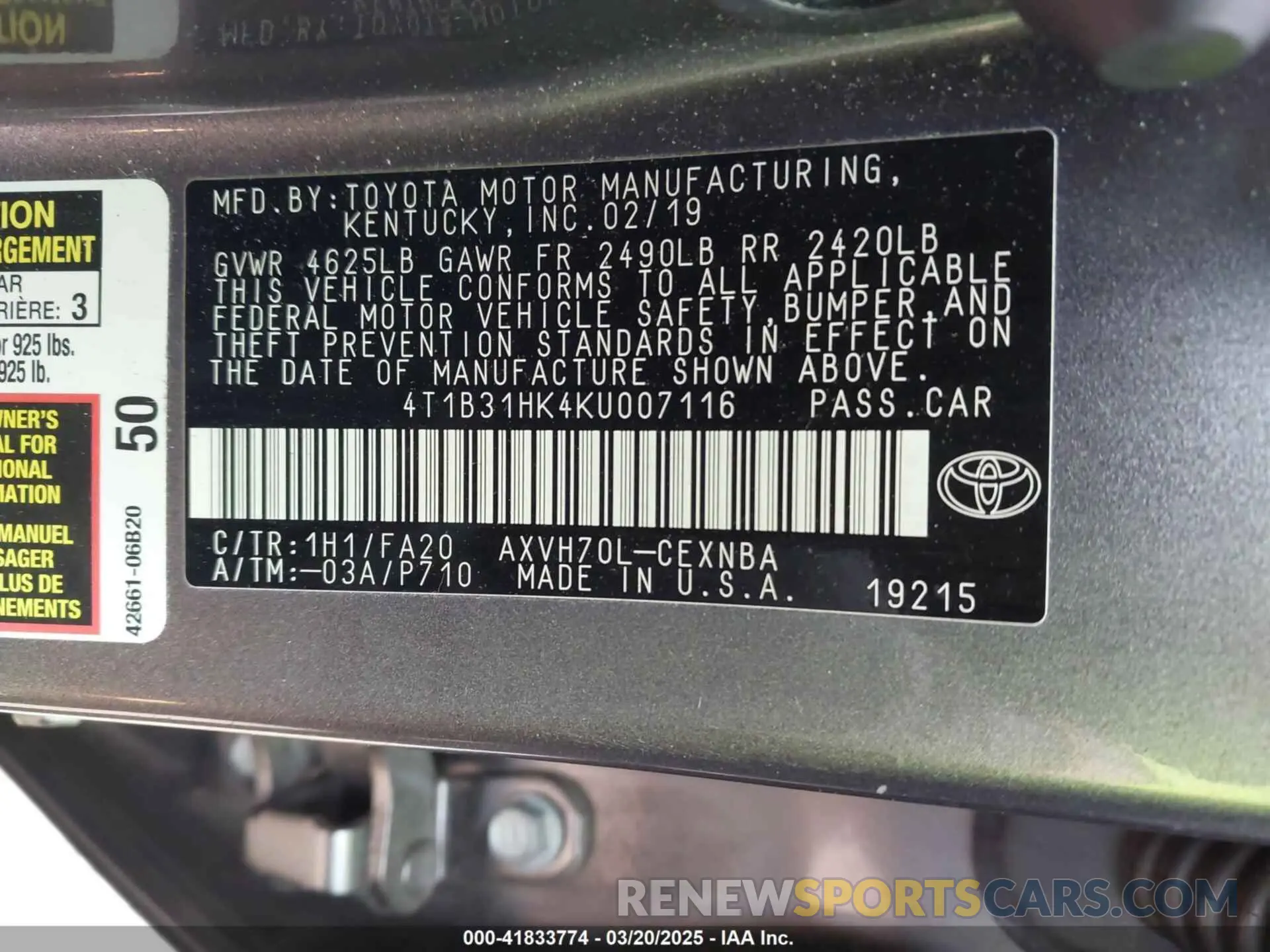 9 Photograph of a damaged car 4T1B31HK4KU007116 TOYOTA CAMRY HYBRID 2019