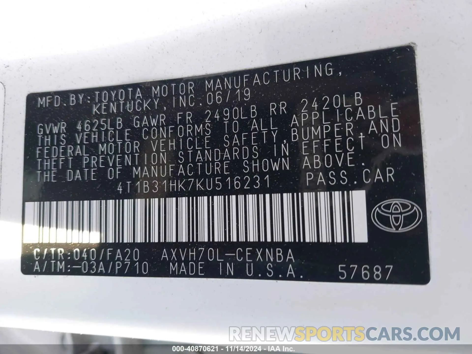 9 Photograph of a damaged car 4T1B31HK7KU516231 TOYOTA CAMRY HYBRID 2019
