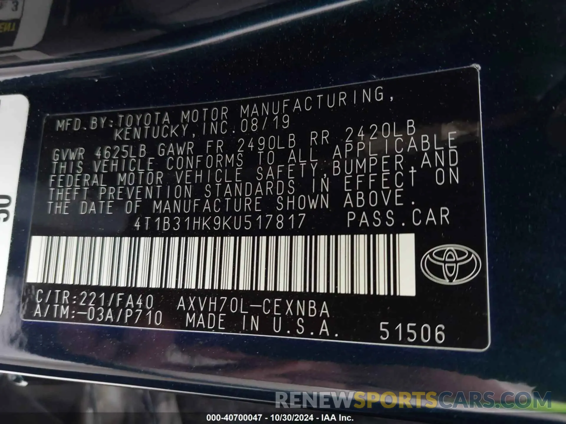 9 Photograph of a damaged car 4T1B31HK9KU517817 TOYOTA CAMRY HYBRID 2019