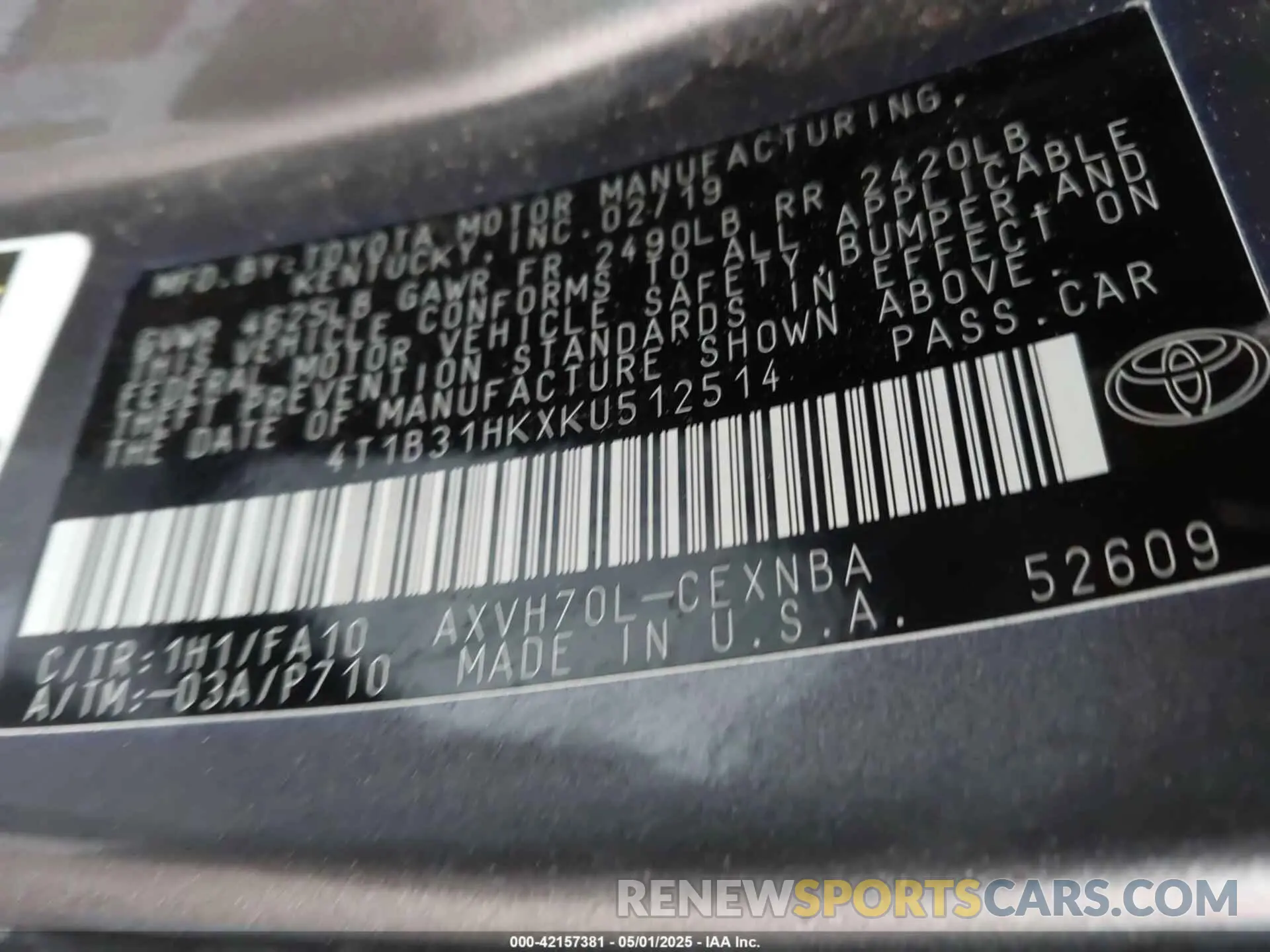 9 Photograph of a damaged car 4T1B31HKXKU512514 TOYOTA CAMRY HYBRID 2019