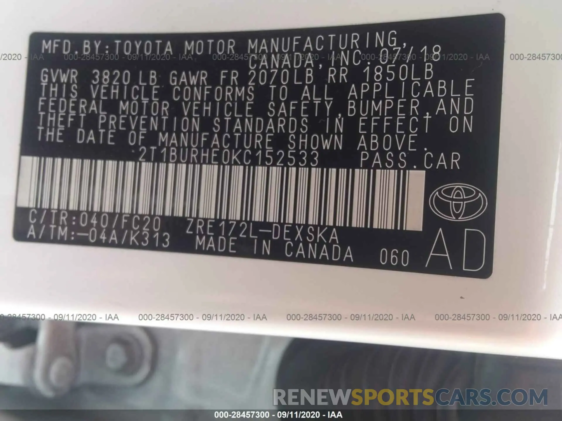 9 Photograph of a damaged car 2T1BURHE0KC152533 TOYOTA COROLLA 2019