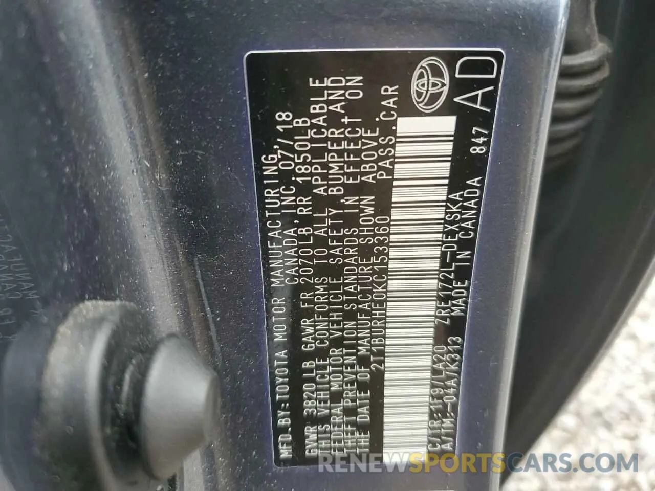 12 Photograph of a damaged car 2T1BURHE0KC153360 TOYOTA COROLLA 2019