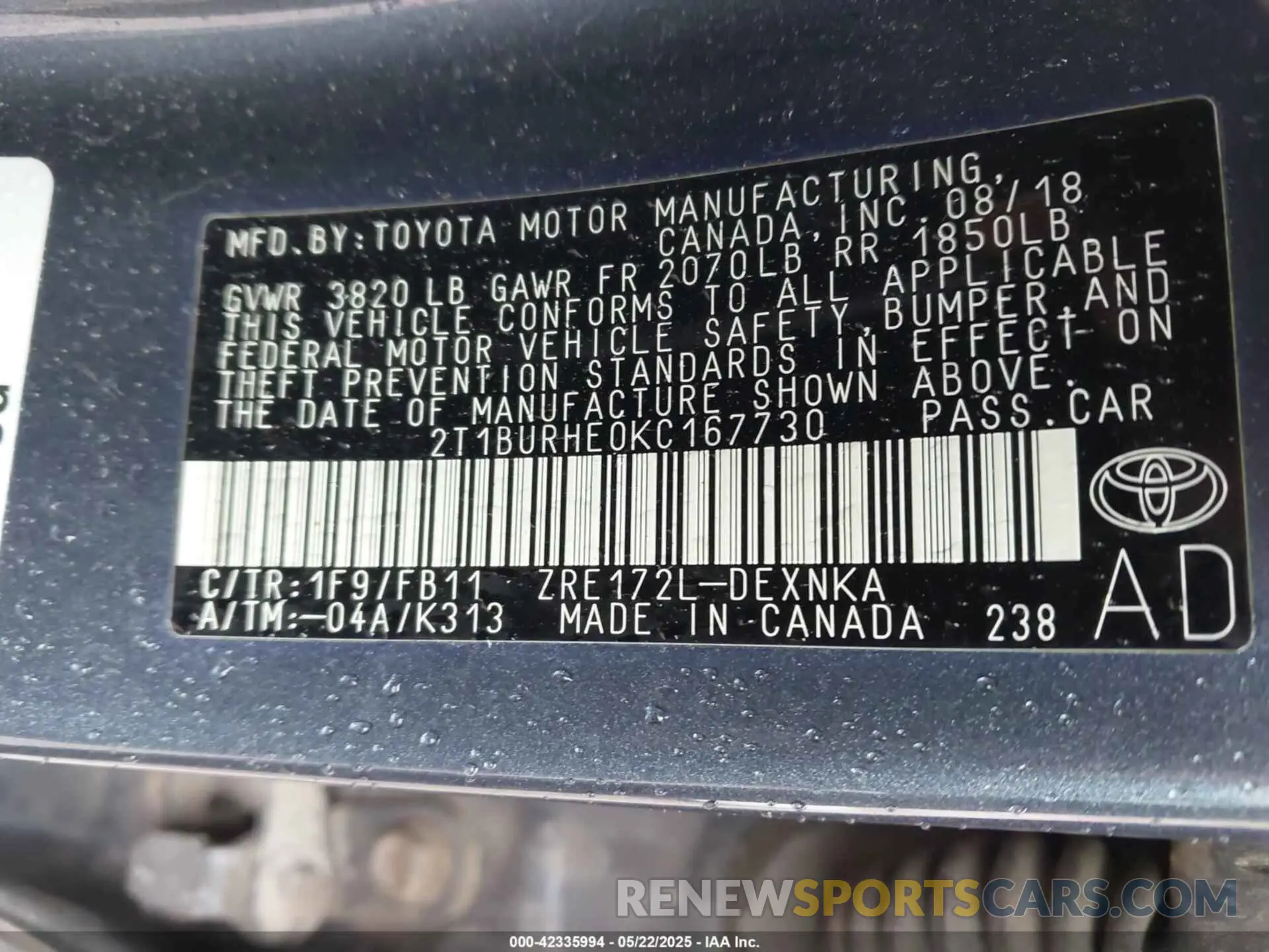 9 Photograph of a damaged car 2T1BURHE0KC167730 TOYOTA COROLLA 2019