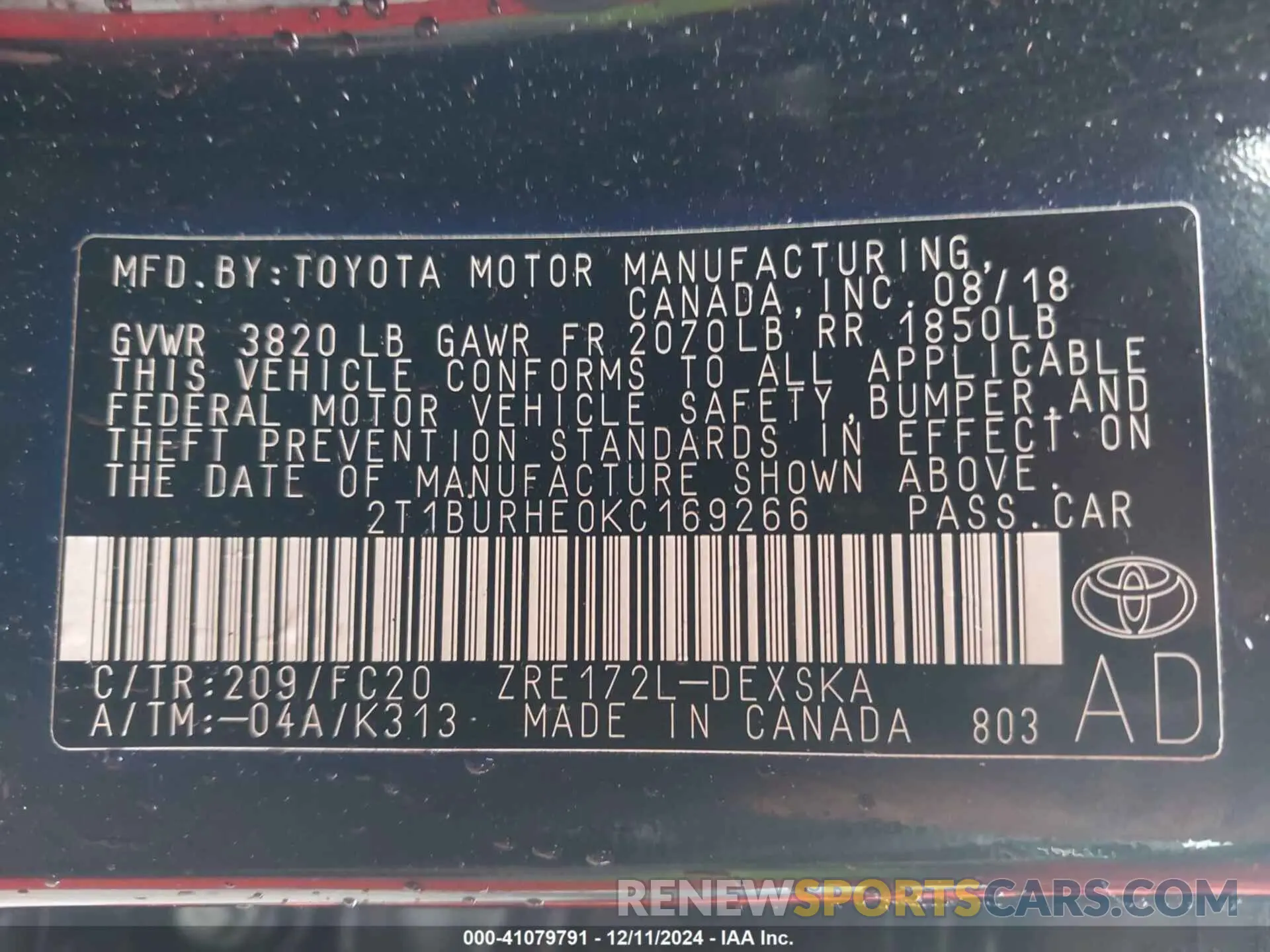 9 Photograph of a damaged car 2T1BURHE0KC169266 TOYOTA COROLLA 2019