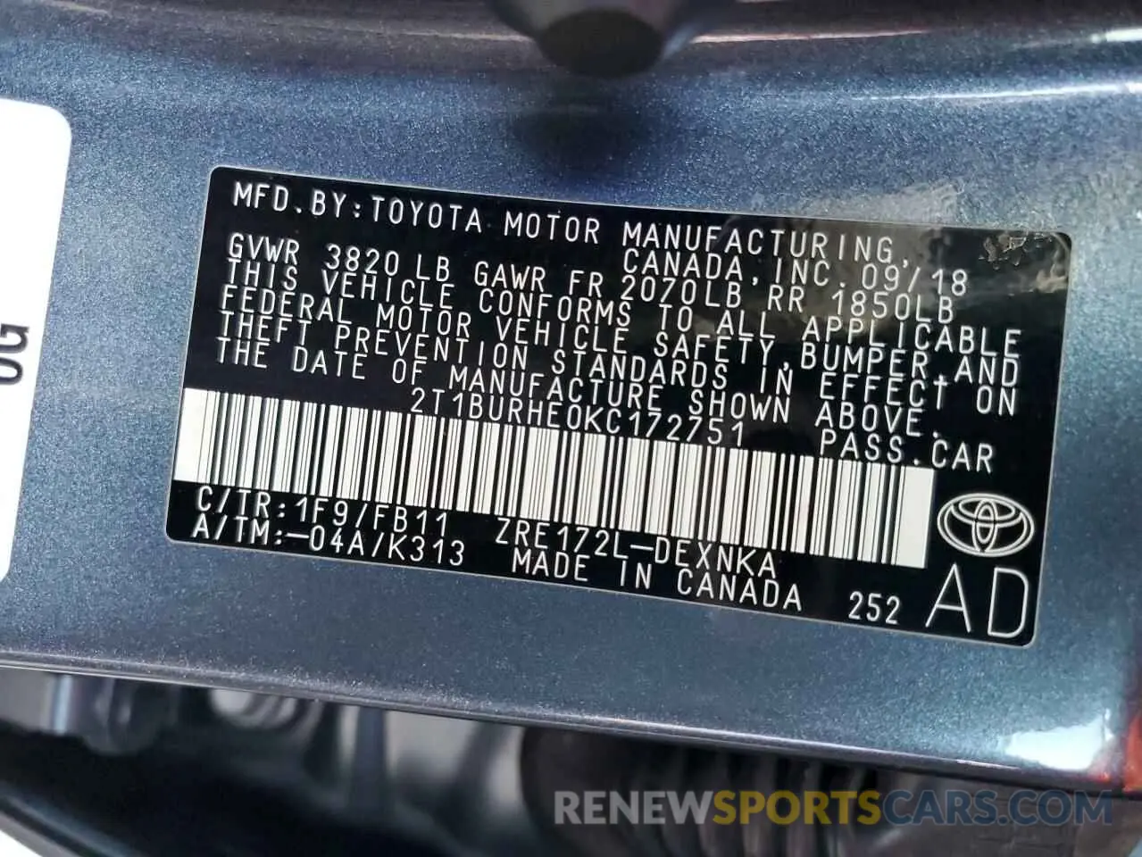 10 Photograph of a damaged car 2T1BURHE0KC172751 TOYOTA COROLLA 2019