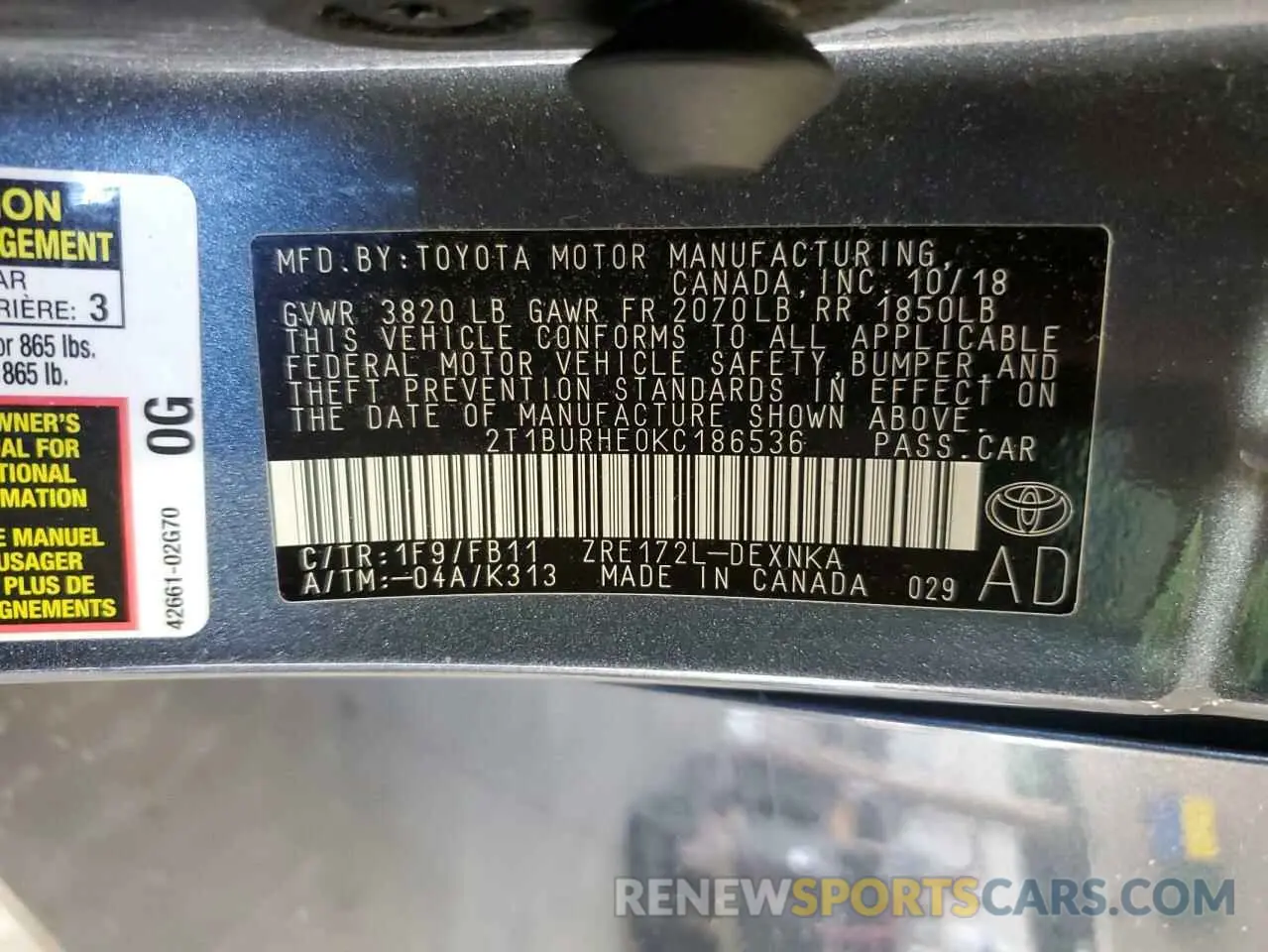 13 Photograph of a damaged car 2T1BURHE0KC186536 TOYOTA COROLLA 2019