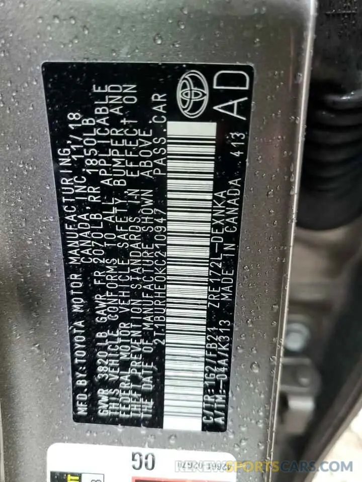 13 Photograph of a damaged car 2T1BURHE0KC210947 TOYOTA COROLLA 2019