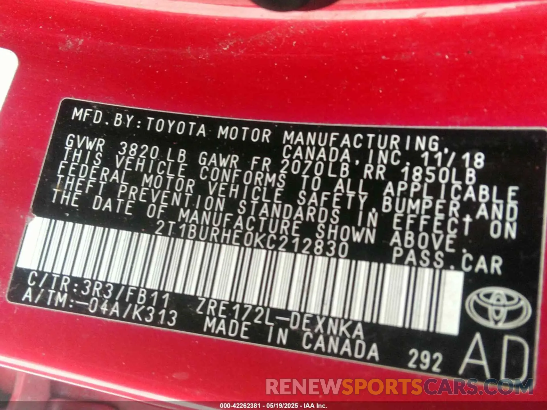 9 Photograph of a damaged car 2T1BURHE0KC212830 TOYOTA COROLLA 2019