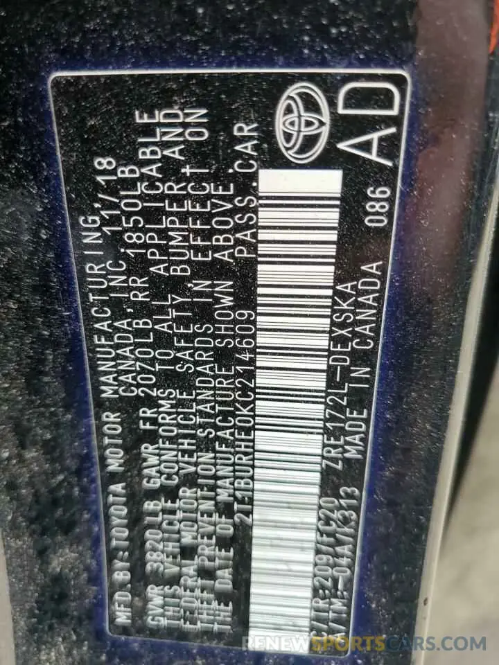 12 Photograph of a damaged car 2T1BURHE0KC214609 TOYOTA COROLLA 2019