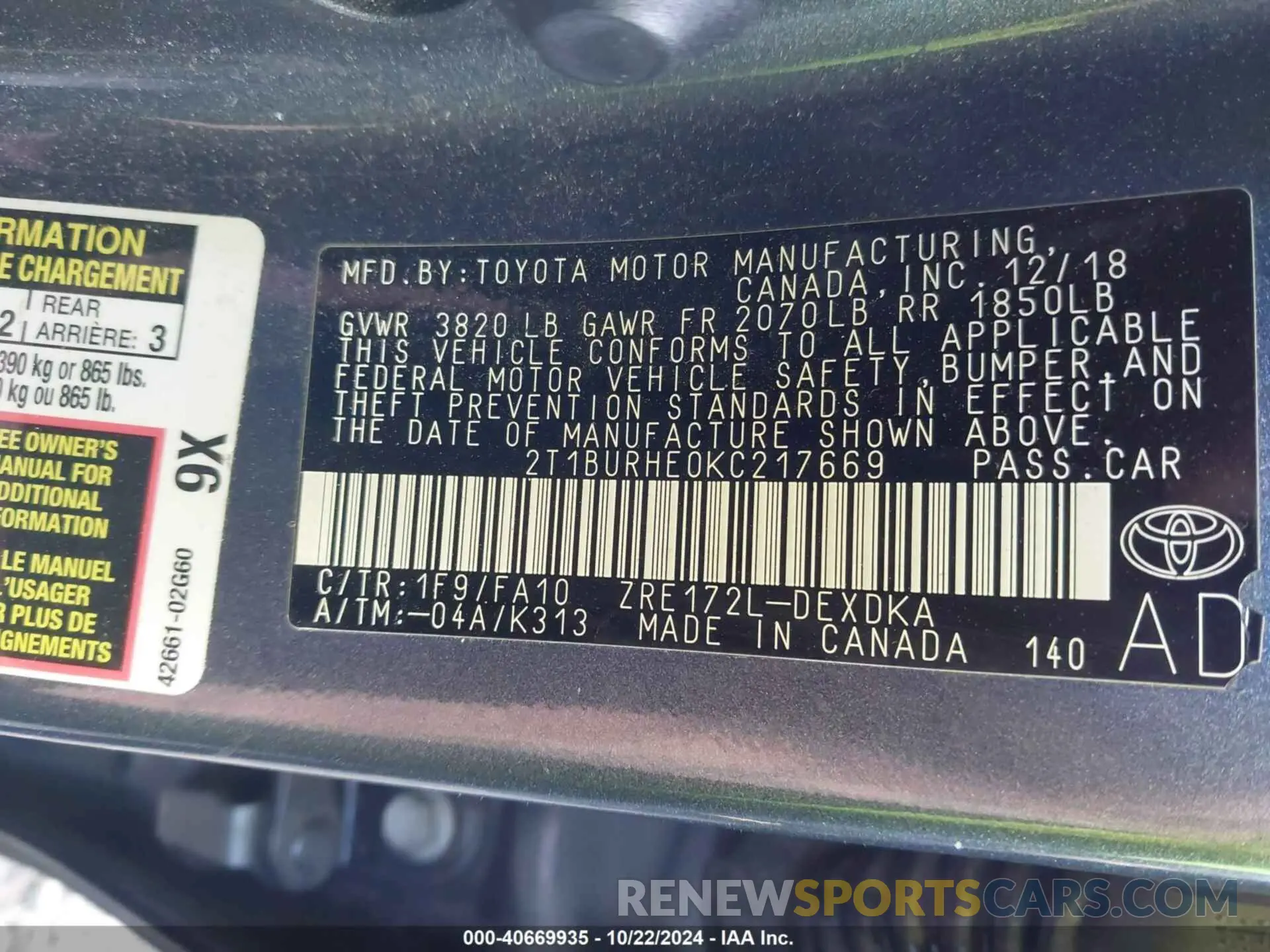 9 Photograph of a damaged car 2T1BURHE0KC217669 TOYOTA COROLLA 2019