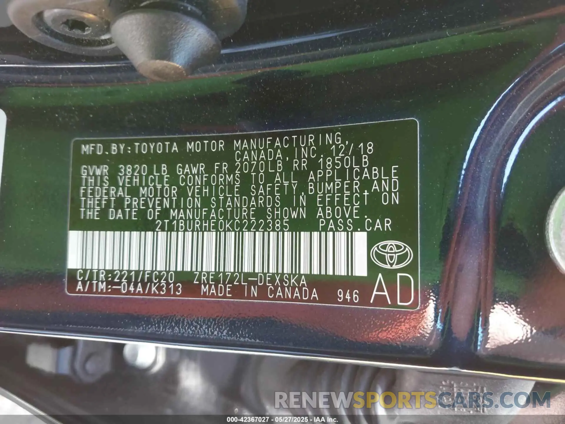 9 Photograph of a damaged car 2T1BURHE0KC222385 TOYOTA COROLLA 2019