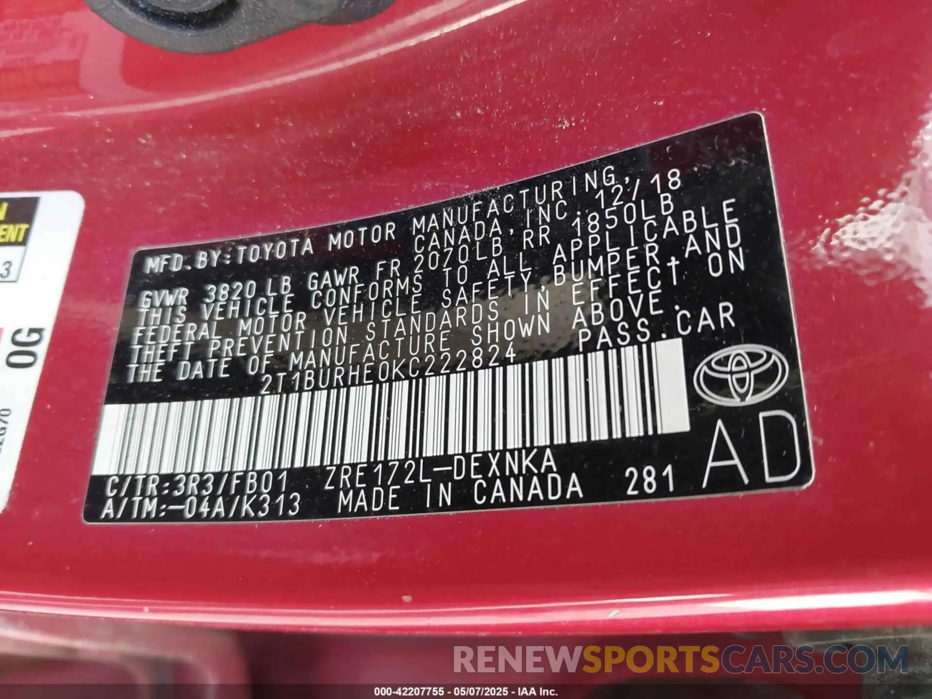 9 Photograph of a damaged car 2T1BURHE0KC222824 TOYOTA COROLLA 2019