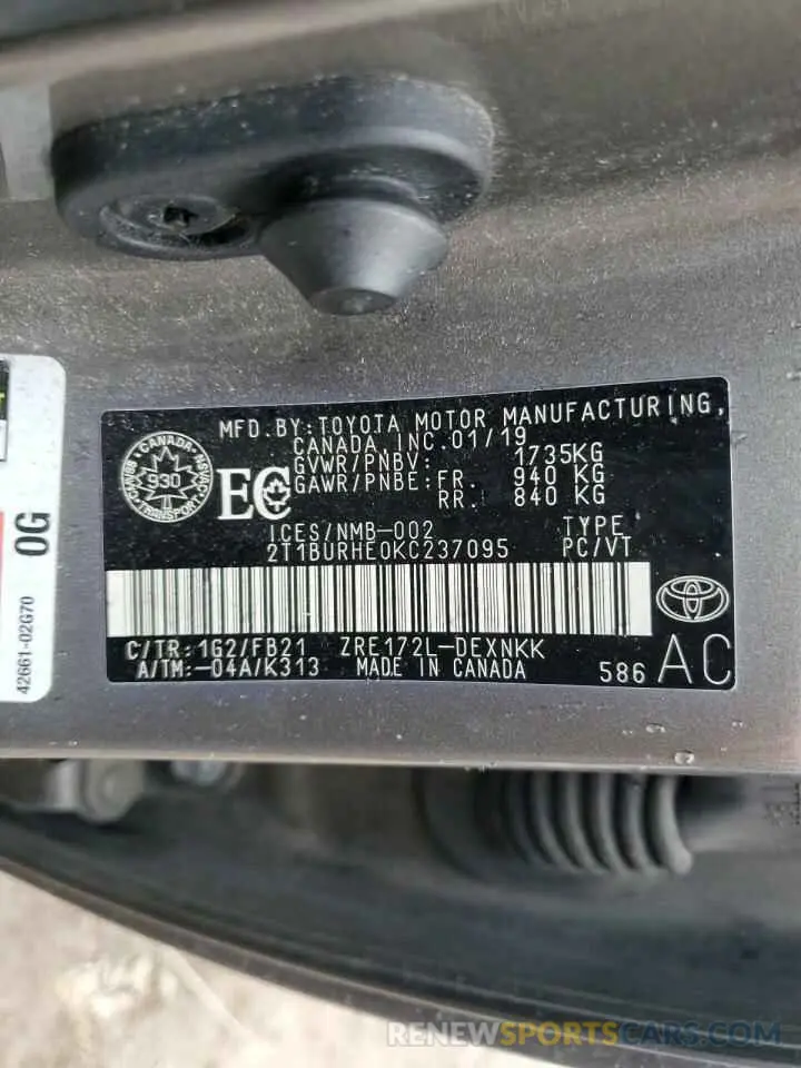13 Photograph of a damaged car 2T1BURHE0KC237095 TOYOTA COROLLA 2019