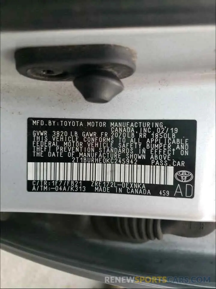 10 Photograph of a damaged car 2T1BURHE0KC245942 TOYOTA COROLLA 2019