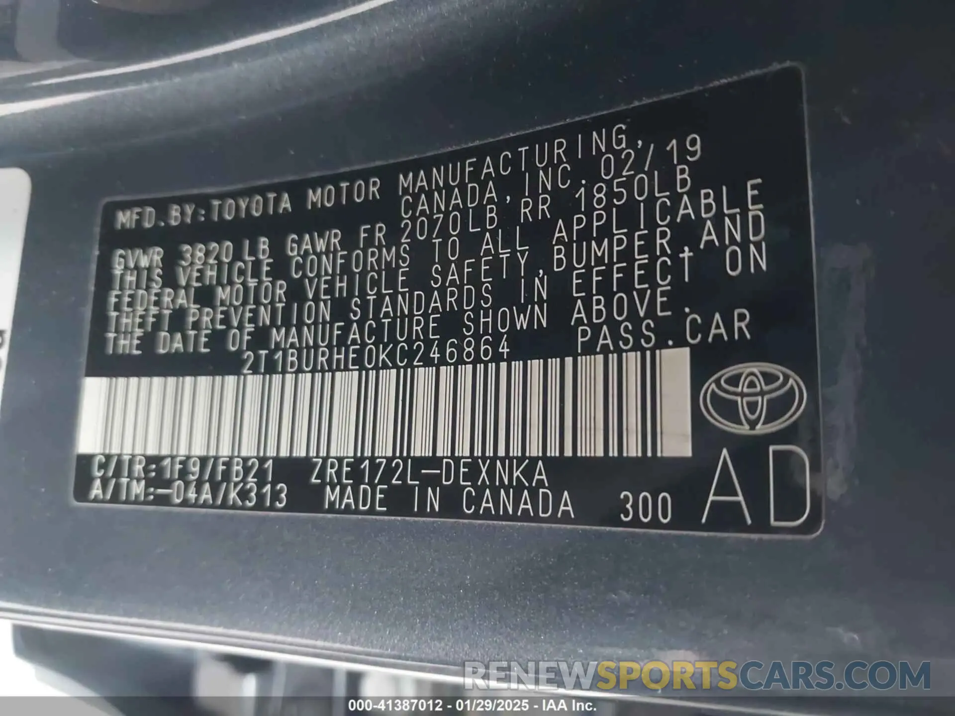 9 Photograph of a damaged car 2T1BURHE0KC246864 TOYOTA COROLLA 2019