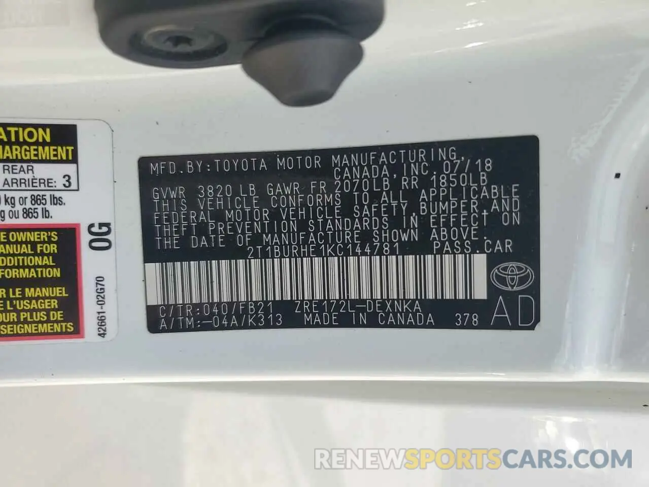 12 Photograph of a damaged car 2T1BURHE1KC144781 TOYOTA COROLLA 2019