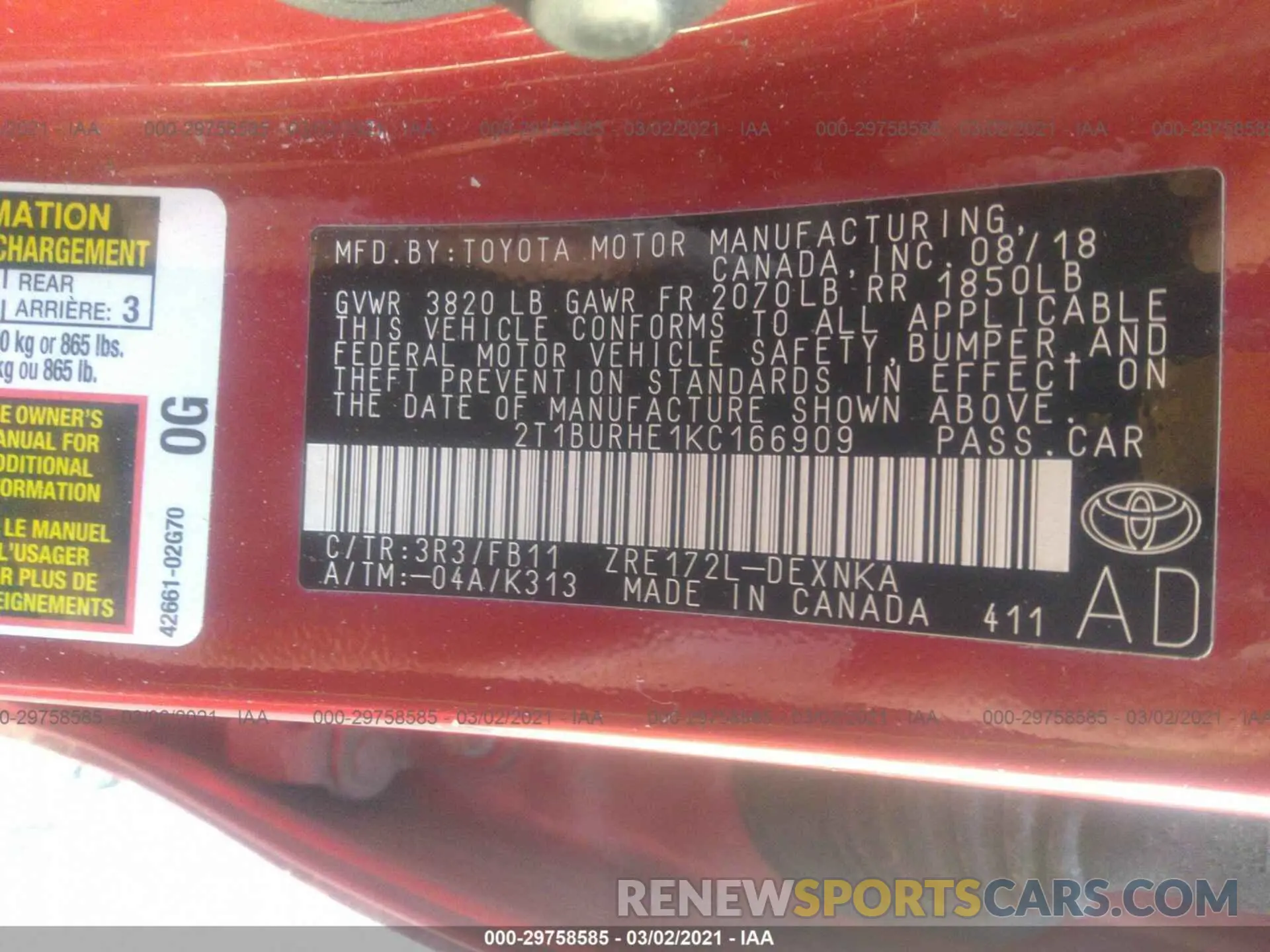 9 Photograph of a damaged car 2T1BURHE1KC166909 TOYOTA COROLLA 2019