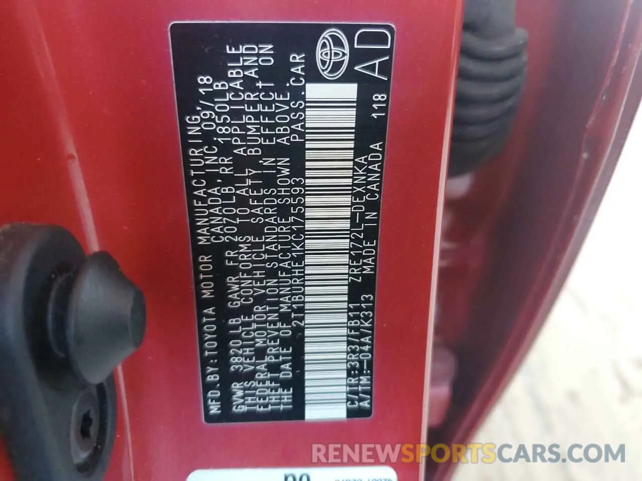 12 Photograph of a damaged car 2T1BURHE1KC175593 TOYOTA COROLLA 2019