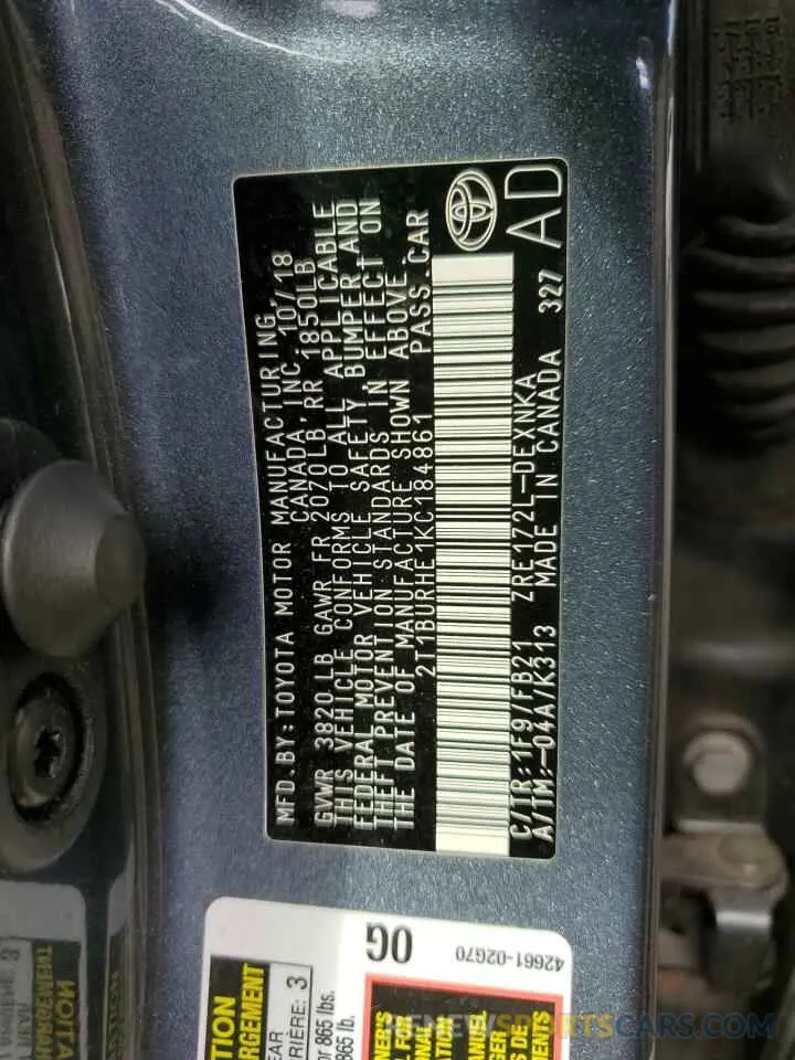12 Photograph of a damaged car 2T1BURHE1KC184861 TOYOTA COROLLA 2019