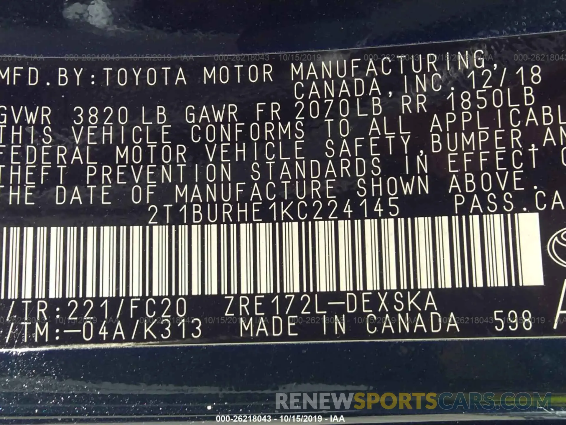 9 Photograph of a damaged car 2T1BURHE1KC224145 TOYOTA COROLLA 2019