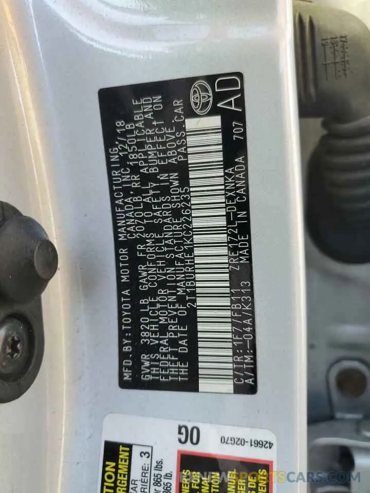 12 Photograph of a damaged car 2T1BURHE1KC226235 TOYOTA COROLLA 2019