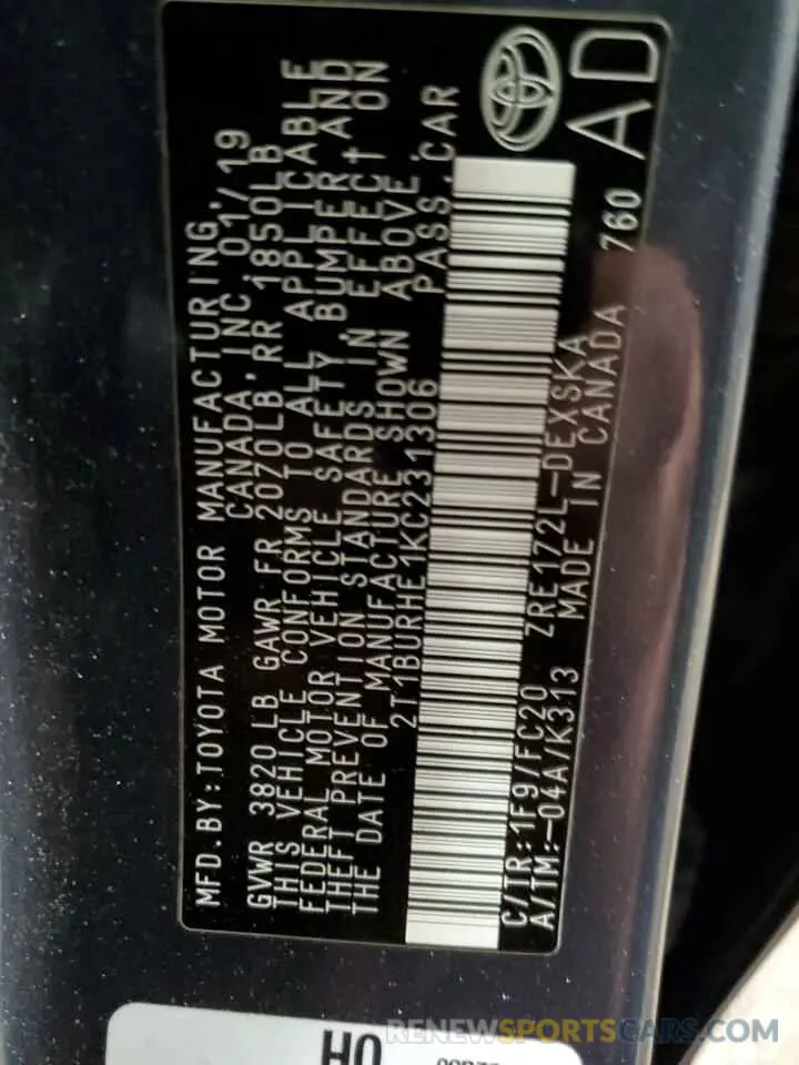 12 Photograph of a damaged car 2T1BURHE1KC231306 TOYOTA COROLLA 2019