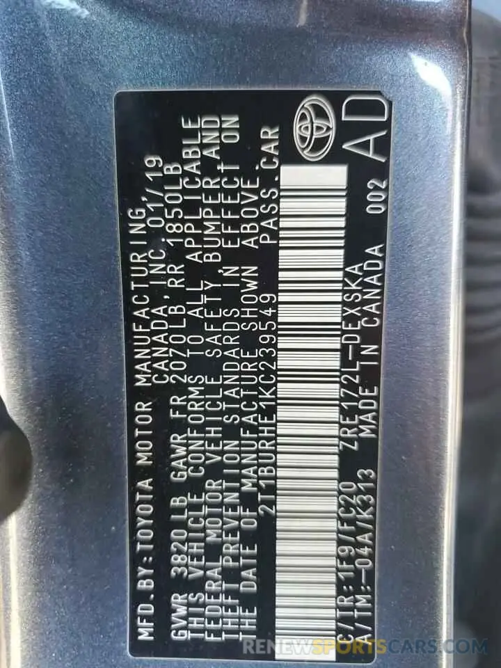 12 Photograph of a damaged car 2T1BURHE1KC239549 TOYOTA COROLLA 2019