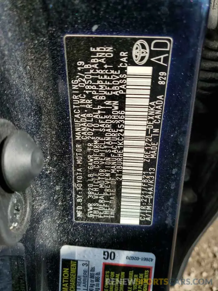 13 Photograph of a damaged car 2T1BURHE1KC245366 TOYOTA COROLLA 2019