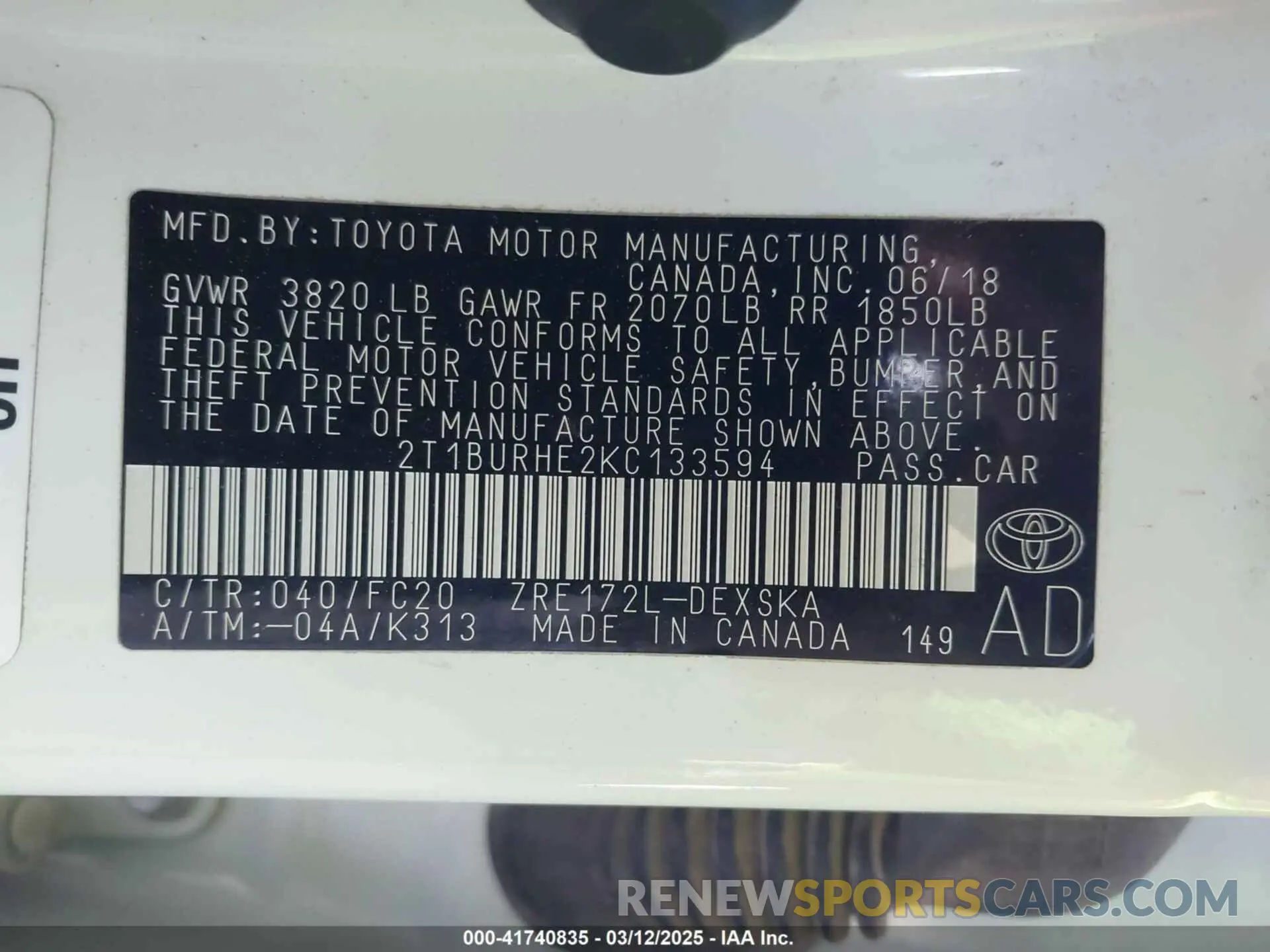9 Photograph of a damaged car 2T1BURHE2KC133594 TOYOTA COROLLA 2019