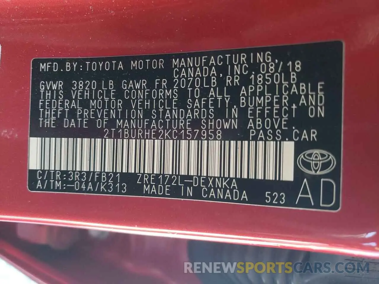 13 Photograph of a damaged car 2T1BURHE2KC157958 TOYOTA COROLLA 2019