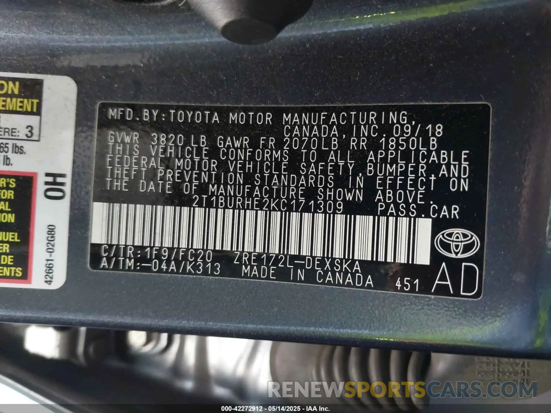 9 Photograph of a damaged car 2T1BURHE2KC171309 TOYOTA COROLLA 2019