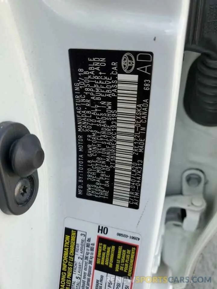12 Photograph of a damaged car 2T1BURHE2KC193195 TOYOTA COROLLA 2019