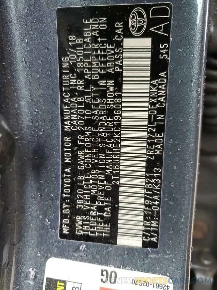 12 Photograph of a damaged car 2T1BURHE2KC196081 TOYOTA COROLLA 2019