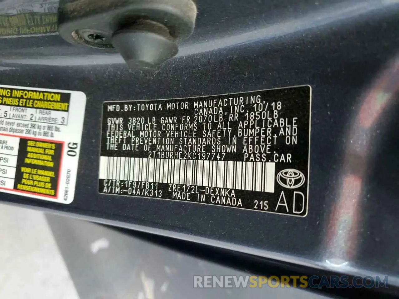 12 Photograph of a damaged car 2T1BURHE2KC197747 TOYOTA COROLLA 2019