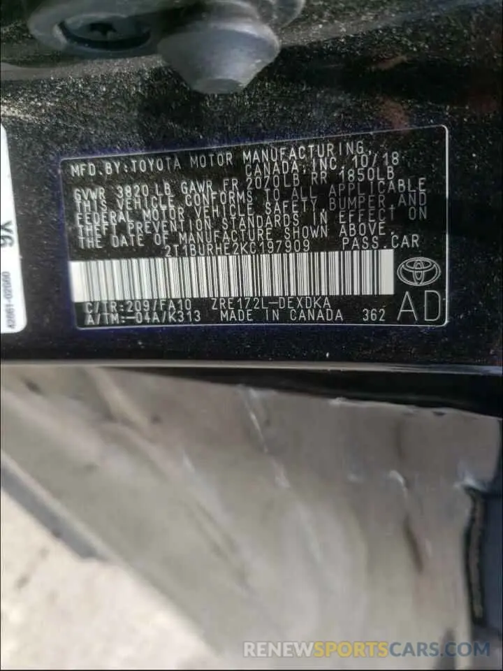 10 Photograph of a damaged car 2T1BURHE2KC197909 TOYOTA COROLLA 2019