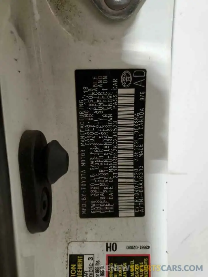 13 Photograph of a damaged car 2T1BURHE2KC201523 TOYOTA COROLLA 2019