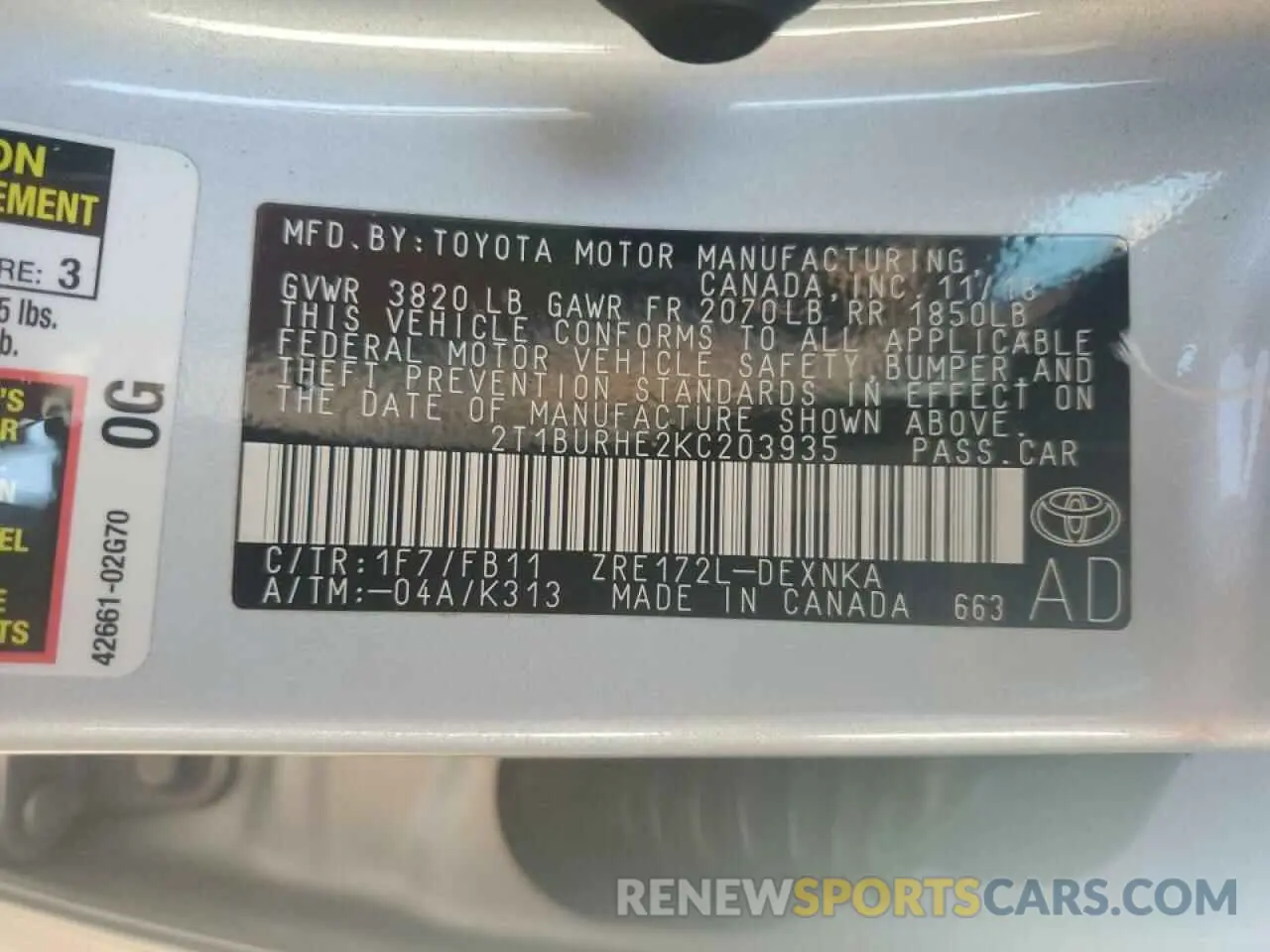 12 Photograph of a damaged car 2T1BURHE2KC203935 TOYOTA COROLLA 2019