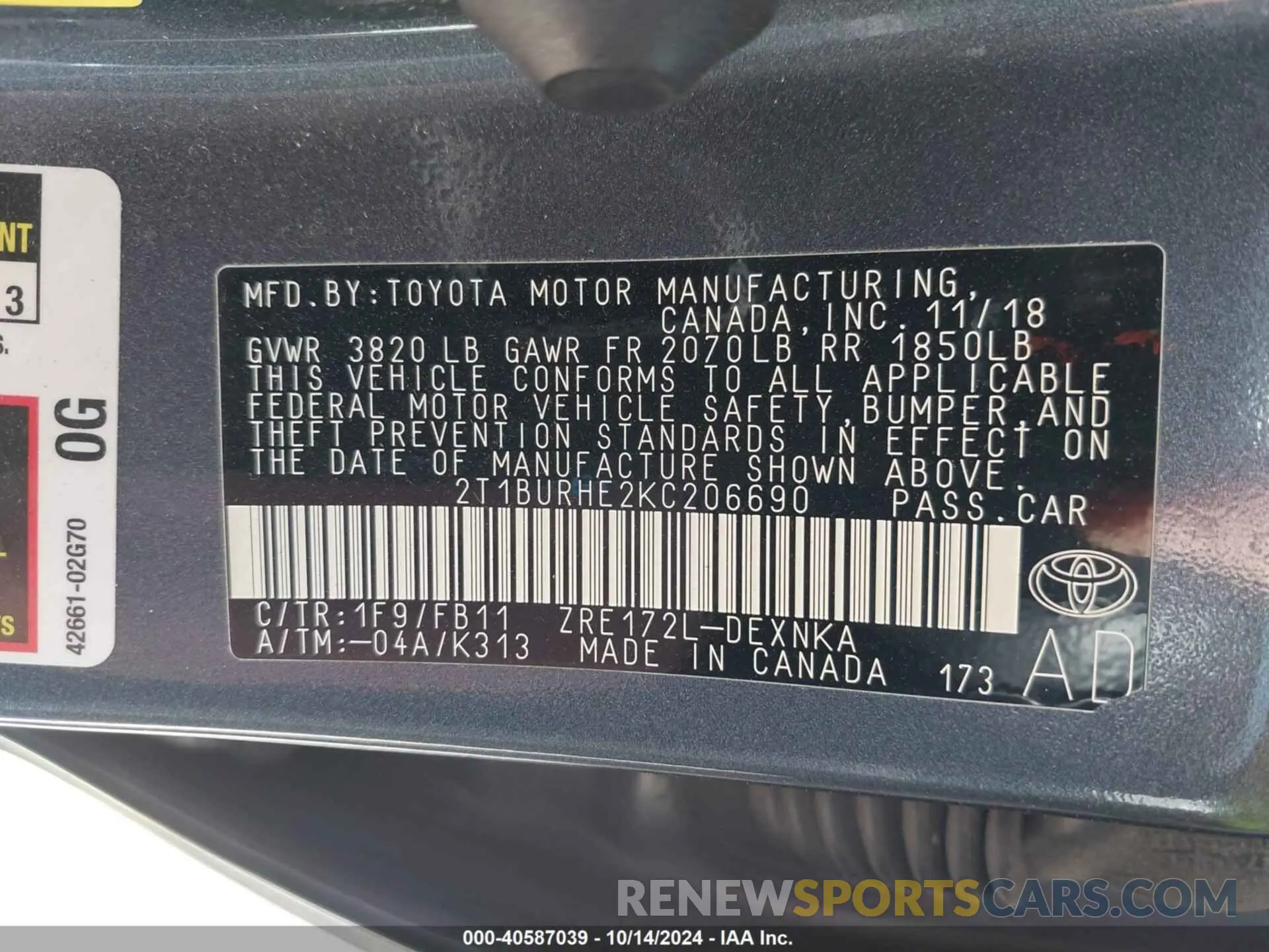9 Photograph of a damaged car 2T1BURHE2KC206690 TOYOTA COROLLA 2019