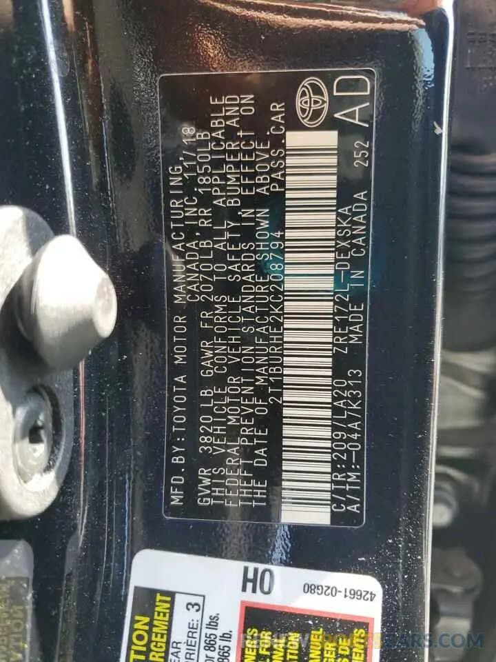 12 Photograph of a damaged car 2T1BURHE2KC208794 TOYOTA COROLLA 2019