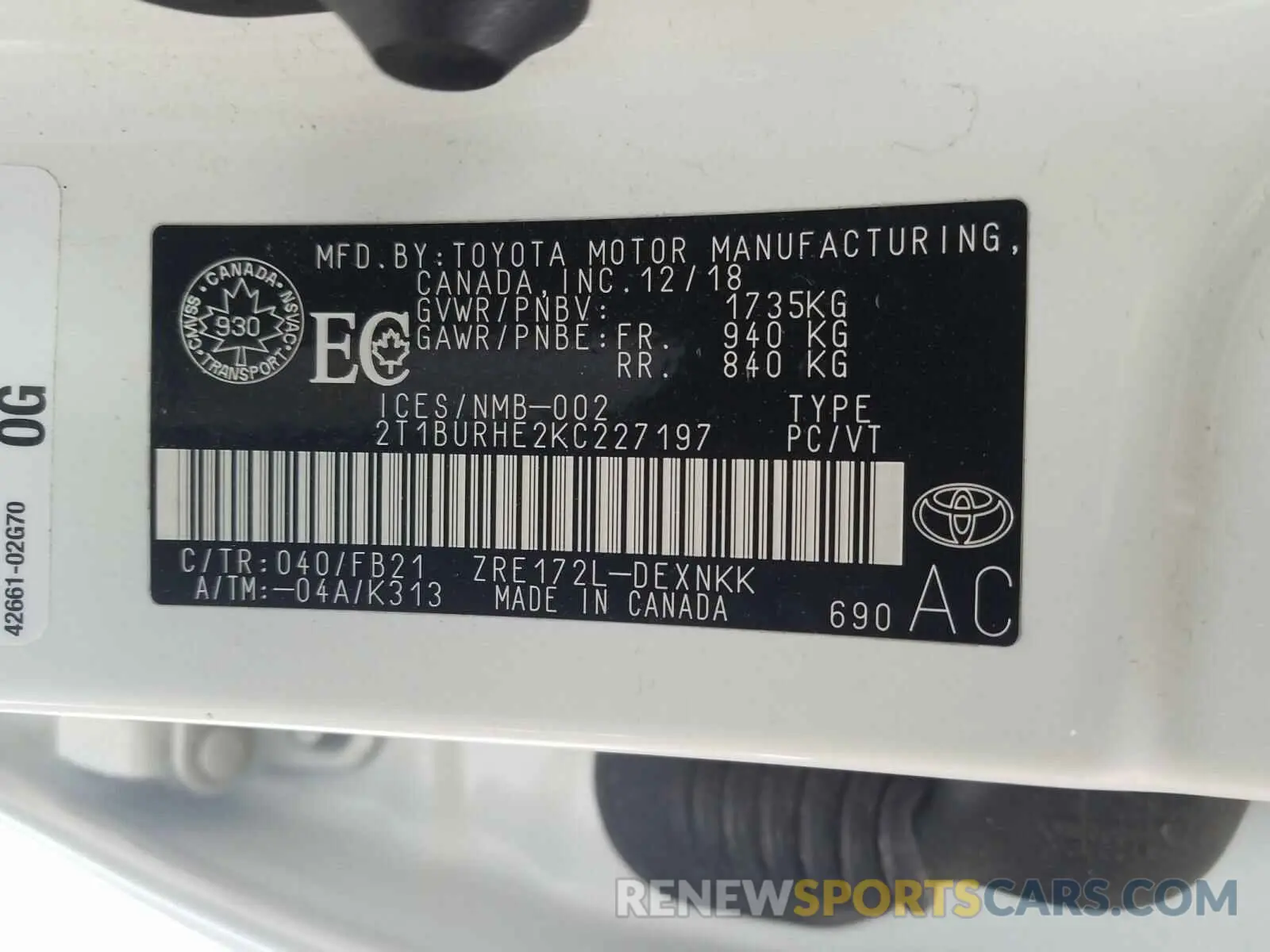 10 Photograph of a damaged car 2T1BURHE2KC227197 TOYOTA COROLLA 2019