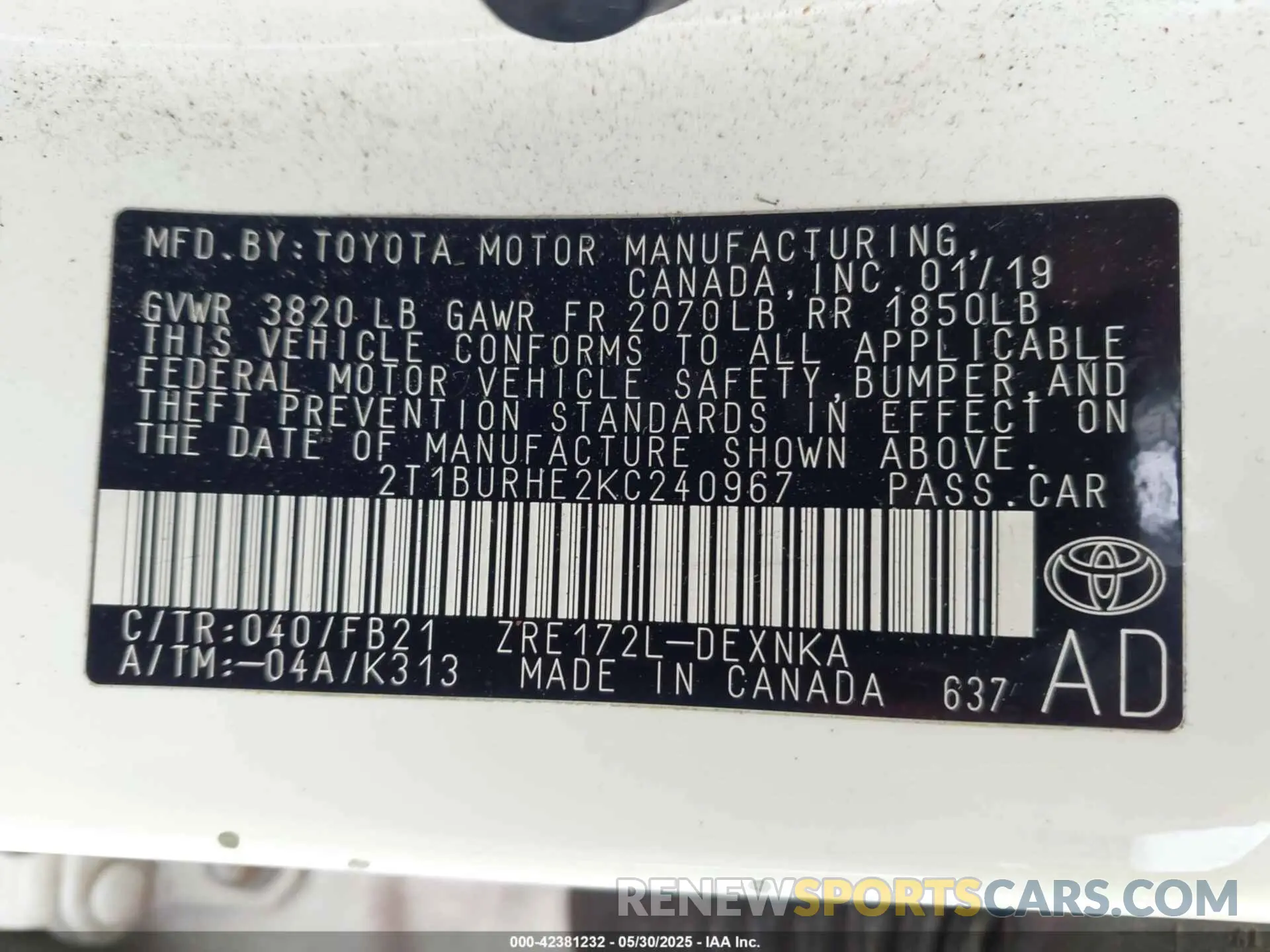 9 Photograph of a damaged car 2T1BURHE2KC240967 TOYOTA COROLLA 2019