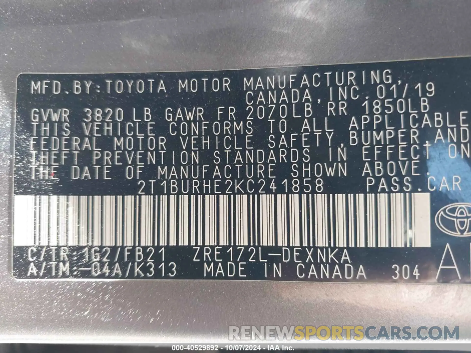 9 Photograph of a damaged car 2T1BURHE2KC241858 TOYOTA COROLLA 2019