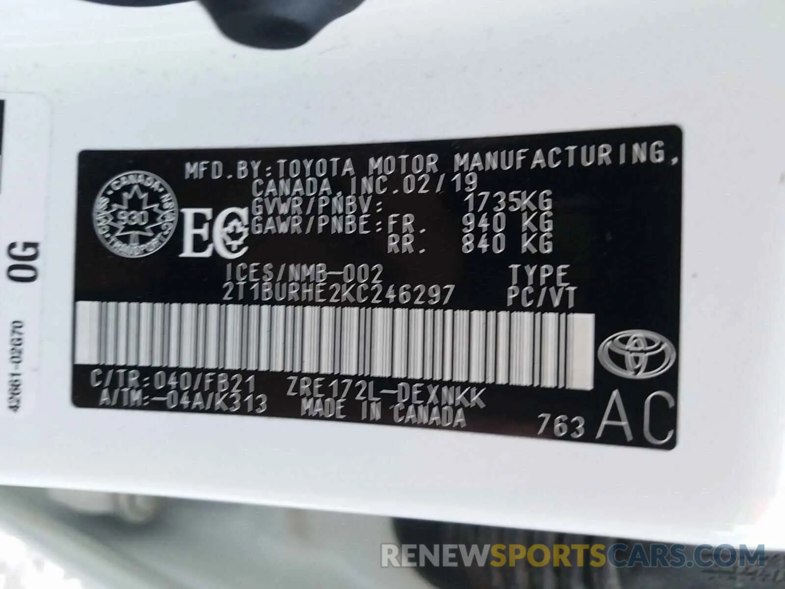 10 Photograph of a damaged car 2T1BURHE2KC246297 TOYOTA COROLLA 2019