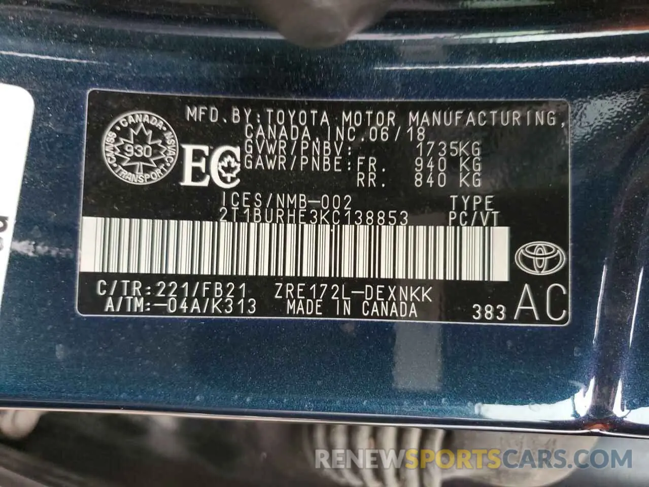 13 Photograph of a damaged car 2T1BURHE3KC138853 TOYOTA COROLLA 2019