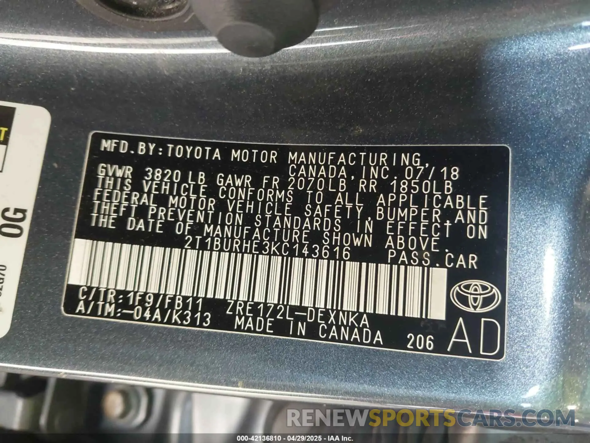 9 Photograph of a damaged car 2T1BURHE3KC143616 TOYOTA COROLLA 2019