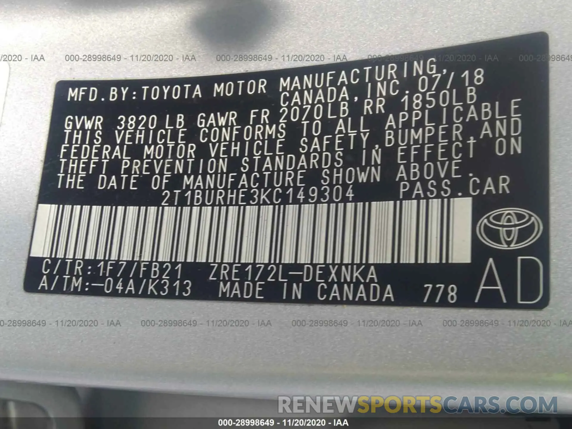 9 Photograph of a damaged car 2T1BURHE3KC149304 TOYOTA COROLLA 2019