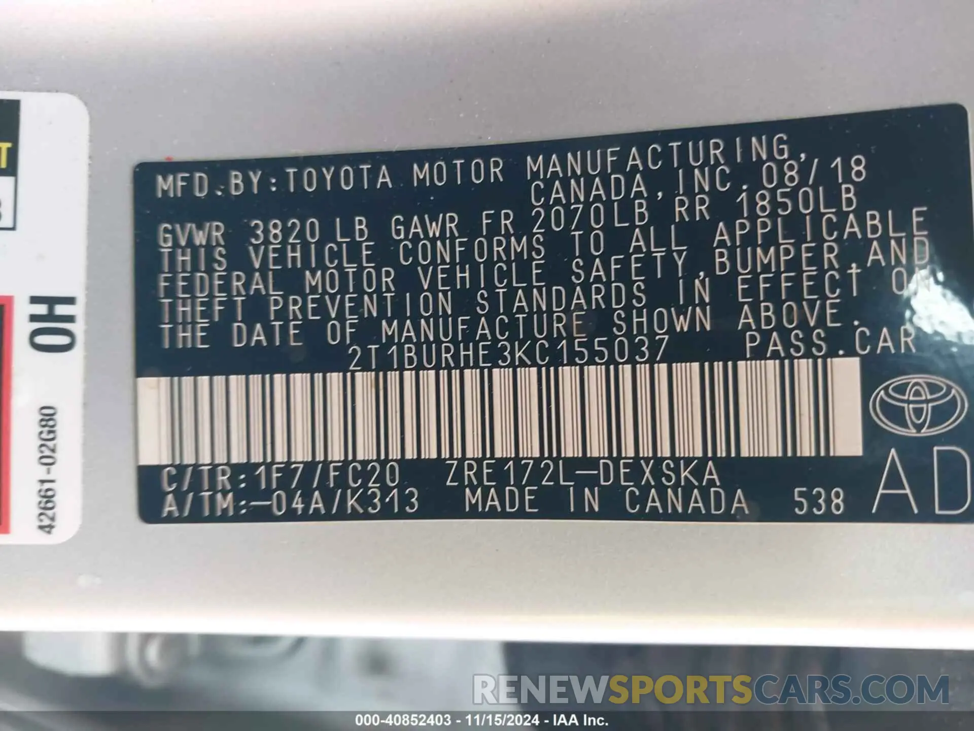 9 Photograph of a damaged car 2T1BURHE3KC155037 TOYOTA COROLLA 2019