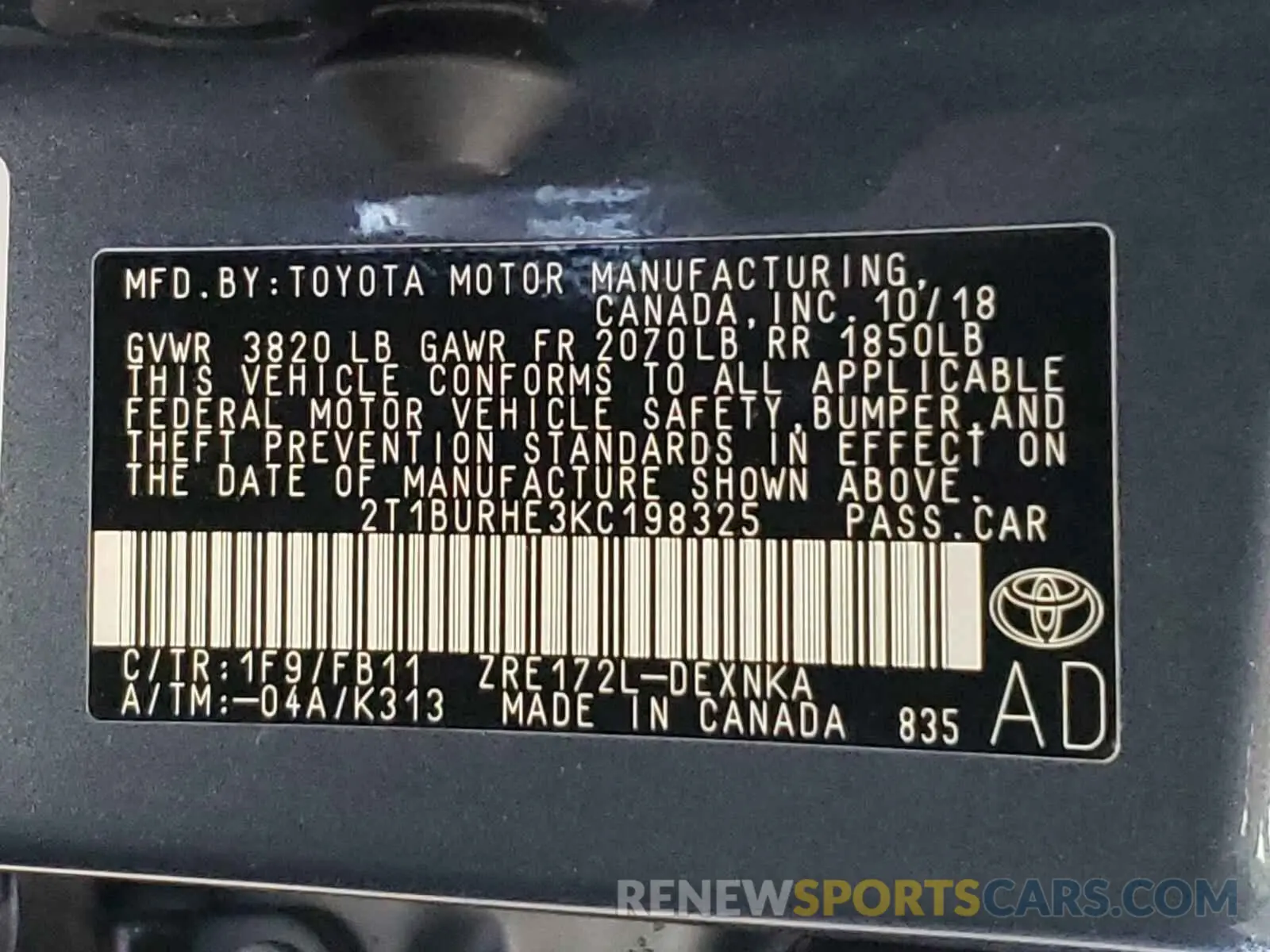 10 Photograph of a damaged car 2T1BURHE3KC198325 TOYOTA COROLLA 2019